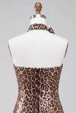 Glinsterende luipaardprint pailletten strapless korte homecomingjurk met rosette choker