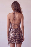 Bodycon Halter Mini Homecoming Jurk met luipaardprint Bodycon Halter met Touwtjes