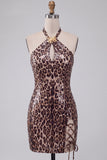 Bodycon Halter Mini Homecoming Jurk met luipaardprint Bodycon Halter met Touwtjes