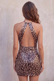 Glinsterende pailletten luipaardprint bodycon halter sleutelgat korte homecomingjurk