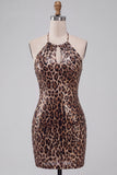 Glinsterende pailletten luipaardprint bodycon halter sleutelgat korte homecomingjurk