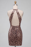 Glinsterende pailletten luipaardprint bodycon halter sleutelgat korte homecomingjurk