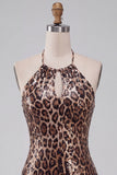 Glinsterende pailletten luipaardprint bodycon halter sleutelgat korte homecomingjurk