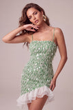 Groene Bodycon vierkante hals pailletten franje homecoming jurk met asymmetrische rucherige zoom