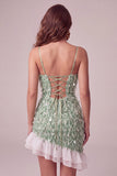 Groene Bodycon vierkante hals pailletten franje homecoming jurk met asymmetrische rucherige zoom