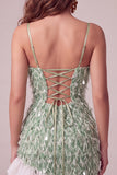 Groene Bodycon vierkante hals pailletten franje homecoming jurk met asymmetrische rucherige zoom