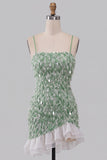 Groene Bodycon vierkante hals pailletten franje homecoming jurk met asymmetrische rucherige zoom