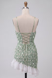 Groene Bodycon vierkante hals pailletten franje homecoming jurk met asymmetrische rucherige zoom