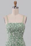 Groene Bodycon vierkante hals pailletten franje homecoming jurk met asymmetrische rucherige zoom