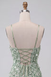 Groene Bodycon vierkante hals pailletten franje homecoming jurk met asymmetrische rucherige zoom