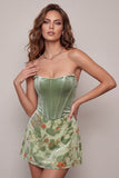 Stoffige salie korset fluwelen strapless bloemen korte homecoming jurk