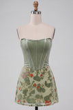 Stoffige salie korset fluwelen strapless bloemen korte homecoming jurk