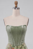 Stoffige salie korset fluwelen strapless bloemen korte homecoming jurk
