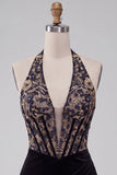 Zwarte korsethalter fluweel gerimpelde diepe V-hals korte homecomingjurk met borduursels