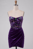 Pruimenkorset strapless fluwelen bodycon gerimpelde korte homecomingjurk