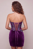 Paarse fluweelkorset Bodycon strapless gerimpelde bloemen korte homecomingjurk