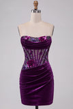 Paarse fluweelkorset Bodycon strapless gerimpelde bloemen korte homecomingjurk