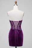 Paarse fluweelkorset Bodycon strapless gerimpelde bloemen korte homecomingjurk