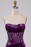 Paarse fluweelkorset Bodycon strapless gerimpelde bloemen korte homecomingjurk