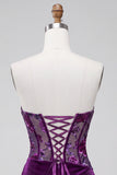 Paarse fluweelkorset Bodycon strapless gerimpelde bloemen korte homecomingjurk