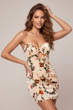 Champagne Floral Bodycon fluwelen strapless bedrukte homecomingjurk met sleutelgat