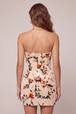 Champagne Floral Bodycon fluwelen strapless bedrukte homecomingjurk met sleutelgat