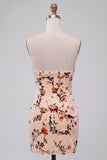 Champagne Floral Bodycon fluwelen strapless bedrukte homecomingjurk met sleutelgat