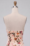 Champagne Floral Bodycon fluwelen strapless bedrukte homecomingjurk met sleutelgat