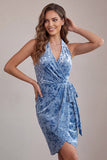 Slate Blue Bodycon halter fluweel gerimpelde midi homecoming jurk met sjerp