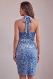 Slate Blue Bodycon halter fluweel gerimpelde midi homecoming jurk met sjerp
