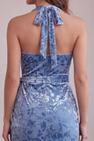 Slate Blue Bodycon halter fluweel gerimpelde midi homecoming jurk met sjerp