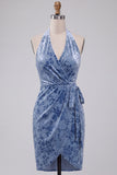 Slate Blue Bodycon halter fluweel gerimpelde midi homecoming jurk met sjerp