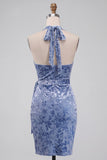 Slate Blue Bodycon halter fluweel gerimpelde midi homecoming jurk met sjerp