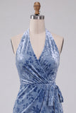Slate Blue Bodycon halter fluweel gerimpelde midi homecoming jurk met sjerp