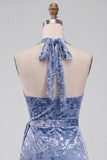 Slate Blue Bodycon halter fluweel gerimpelde midi homecoming jurk met sjerp