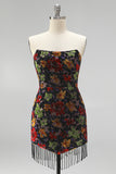 Zwarte Bodycon strapless Mini Homecoming-jurk met bloemenprint en franjes