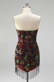 Zwarte Bodycon strapless Mini Homecoming-jurk met bloemenprint en franjes
