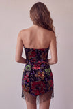 Zwarte Bodycon strapless Mini Homecoming-jurk met bloemenprint en franjes