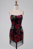 Zwarte Bodycon strapless Mini Homecoming-jurk met bloemenprint en franjes