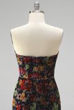 Zwarte Bodycon strapless Mini Homecoming-jurk met bloemenprint en franjes