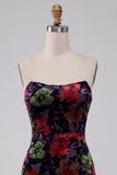 Zwarte Bodycon strapless Mini Homecoming-jurk met bloemenprint en franjes