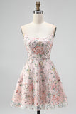 Blush strapless A-lijn pailletten bloemenborduursel korte homecoming jurk