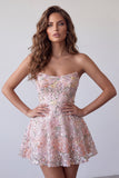 Blush strapless A-lijn pailletten bloemenborduursel korte homecoming jurk