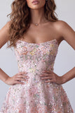 Blush strapless A-lijn pailletten bloemenborduursel korte homecoming jurk