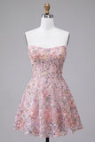 Blush strapless A-lijn pailletten bloemenborduursel korte homecoming jurk