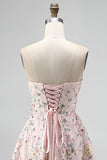 Blush strapless A-lijn pailletten bloemenborduursel korte homecoming jurk