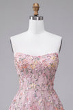 Blush strapless A-lijn pailletten bloemenborduursel korte homecoming jurk