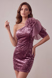Vintage Mauve Velvet Bodycon Cocktailjurk met één schouder en 3D-bloem