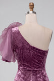 Vintage Mauve Velvet Bodycon Cocktailjurk met één schouder en 3D-bloem