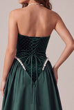 Donkergroene fluwelen parel-beaded skirts strapless lange avondjurk met sleepband